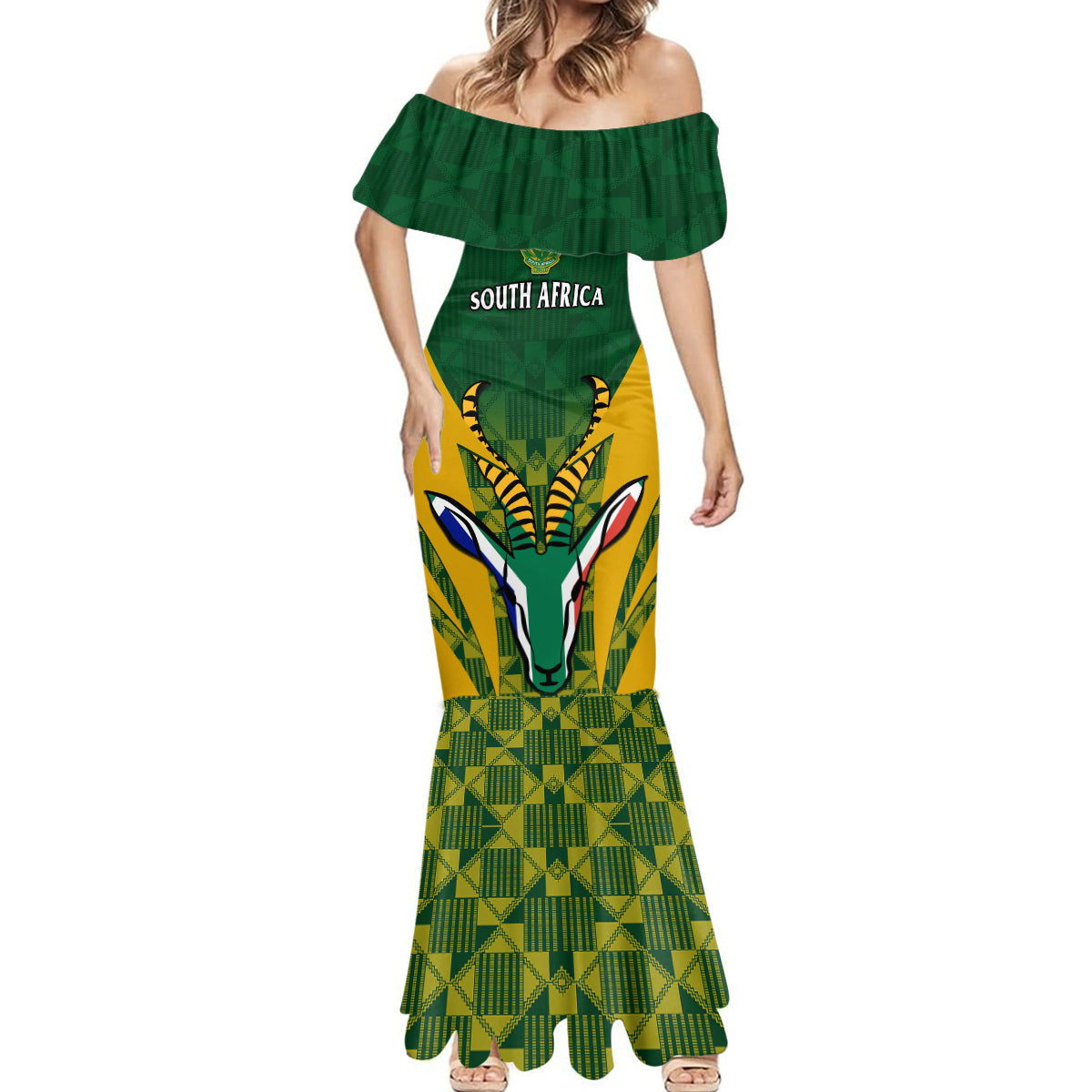 Custom South Africa Rugby Mermaid Dress Go Springboks Kente Pattern With Bokke - Wonder Print Shop