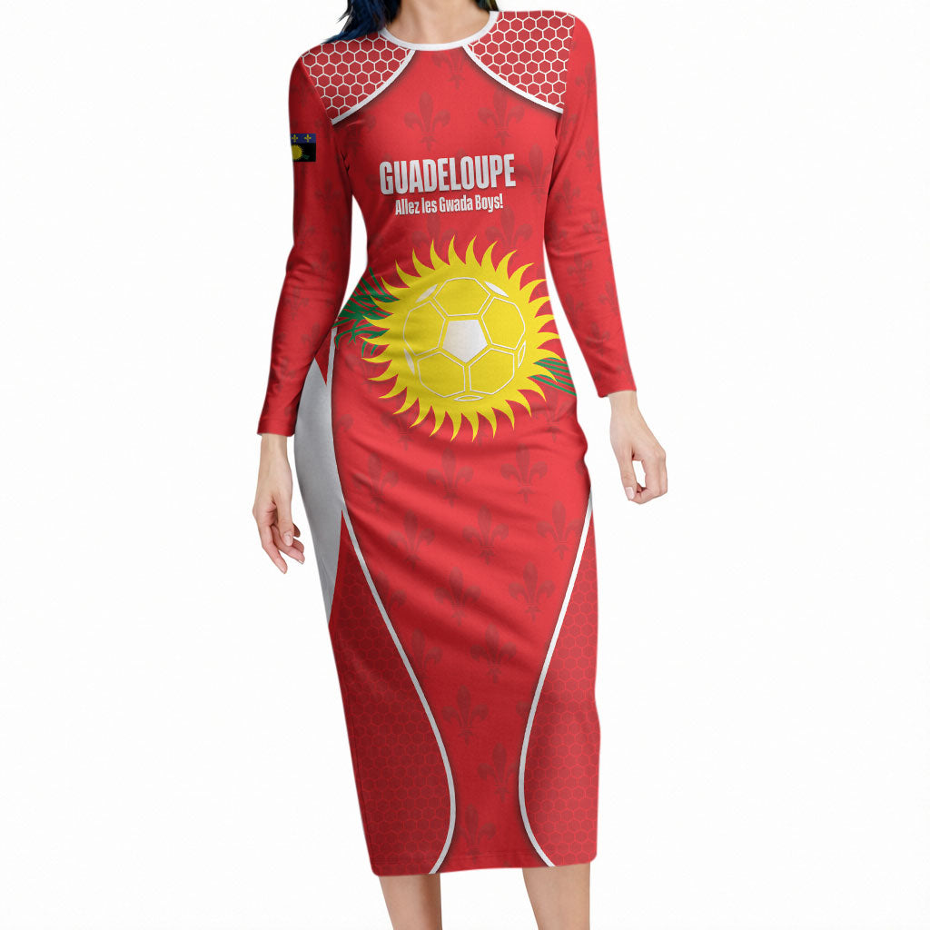 Guadeloupe Football Custom Long Sleeve Bodycon Dress Allez Les Gwada Boys Red Color