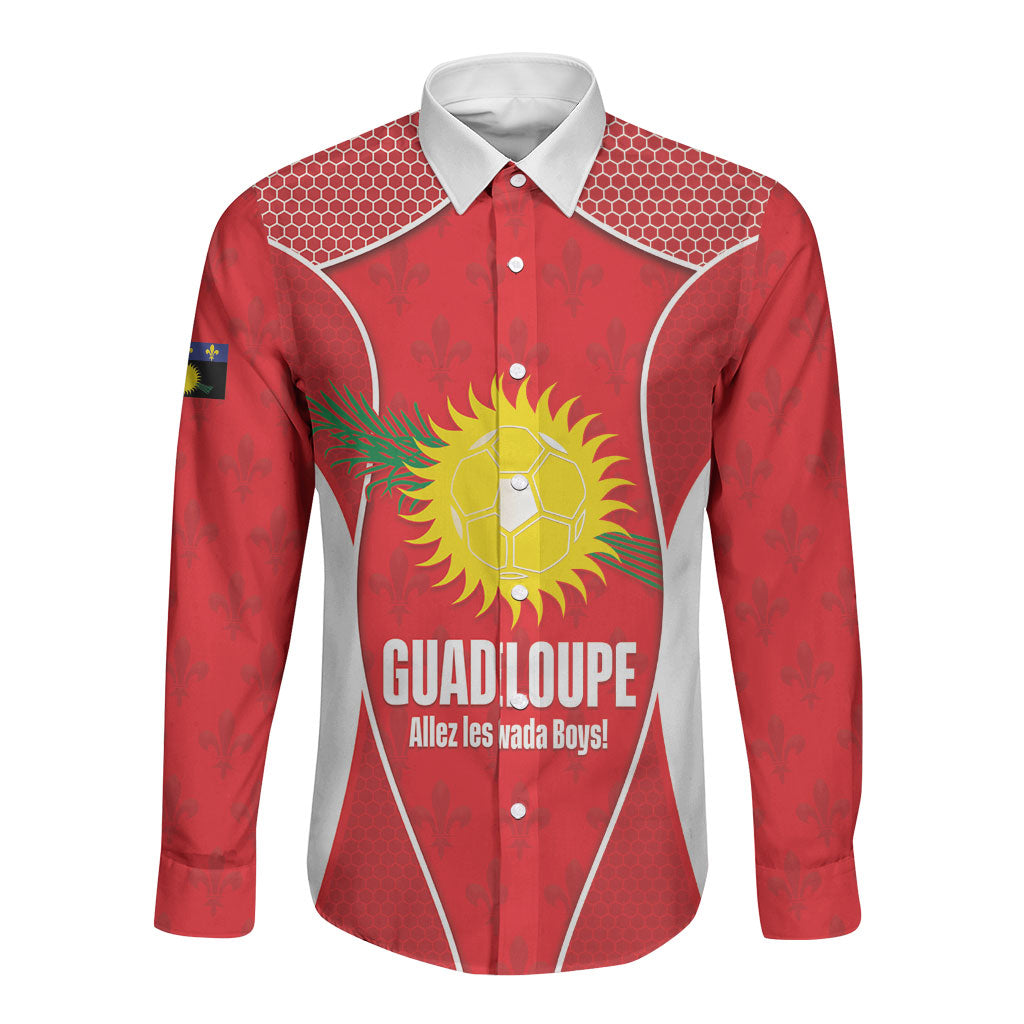 Guadeloupe Football Custom Long Sleeve Button Shirt Allez Les Gwada Boys Red Color