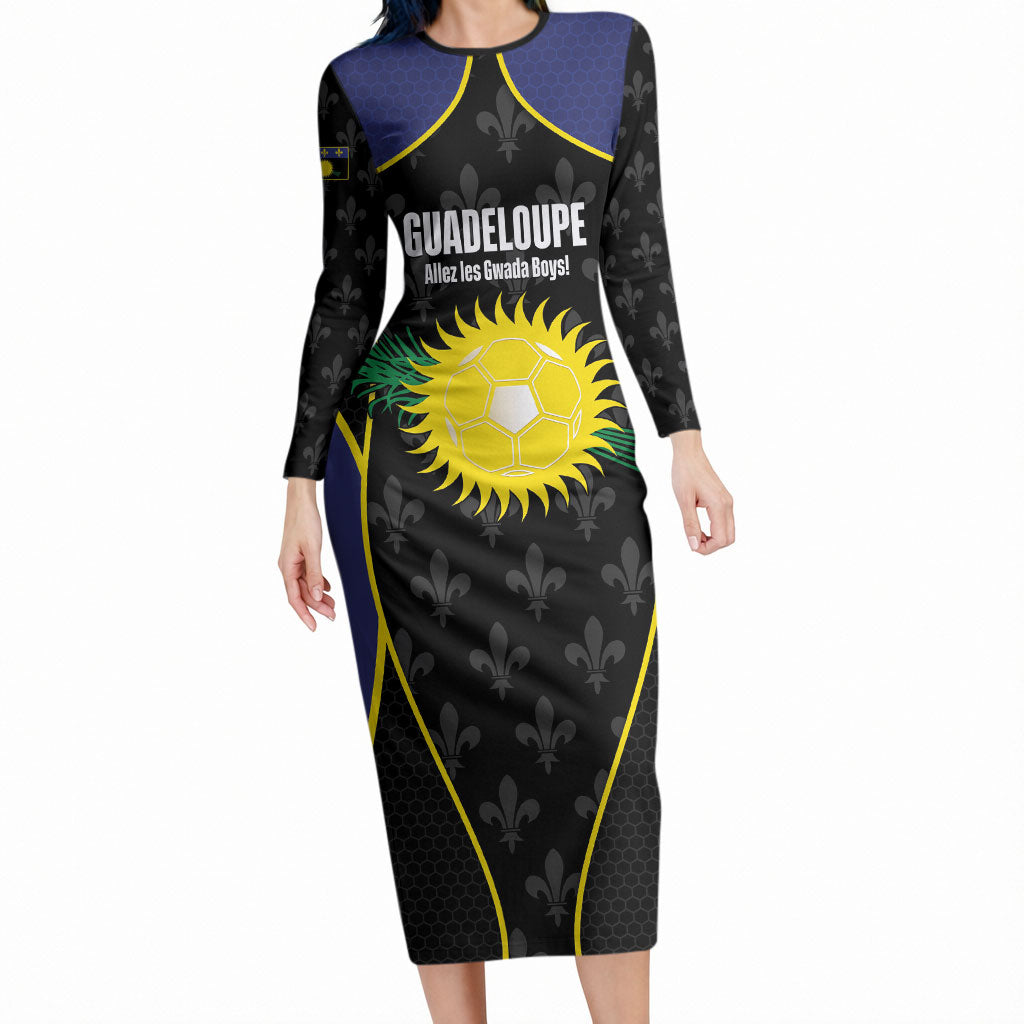 Guadeloupe Football Custom Long Sleeve Bodycon Dress Allez Les Gwada Boys Flag Color