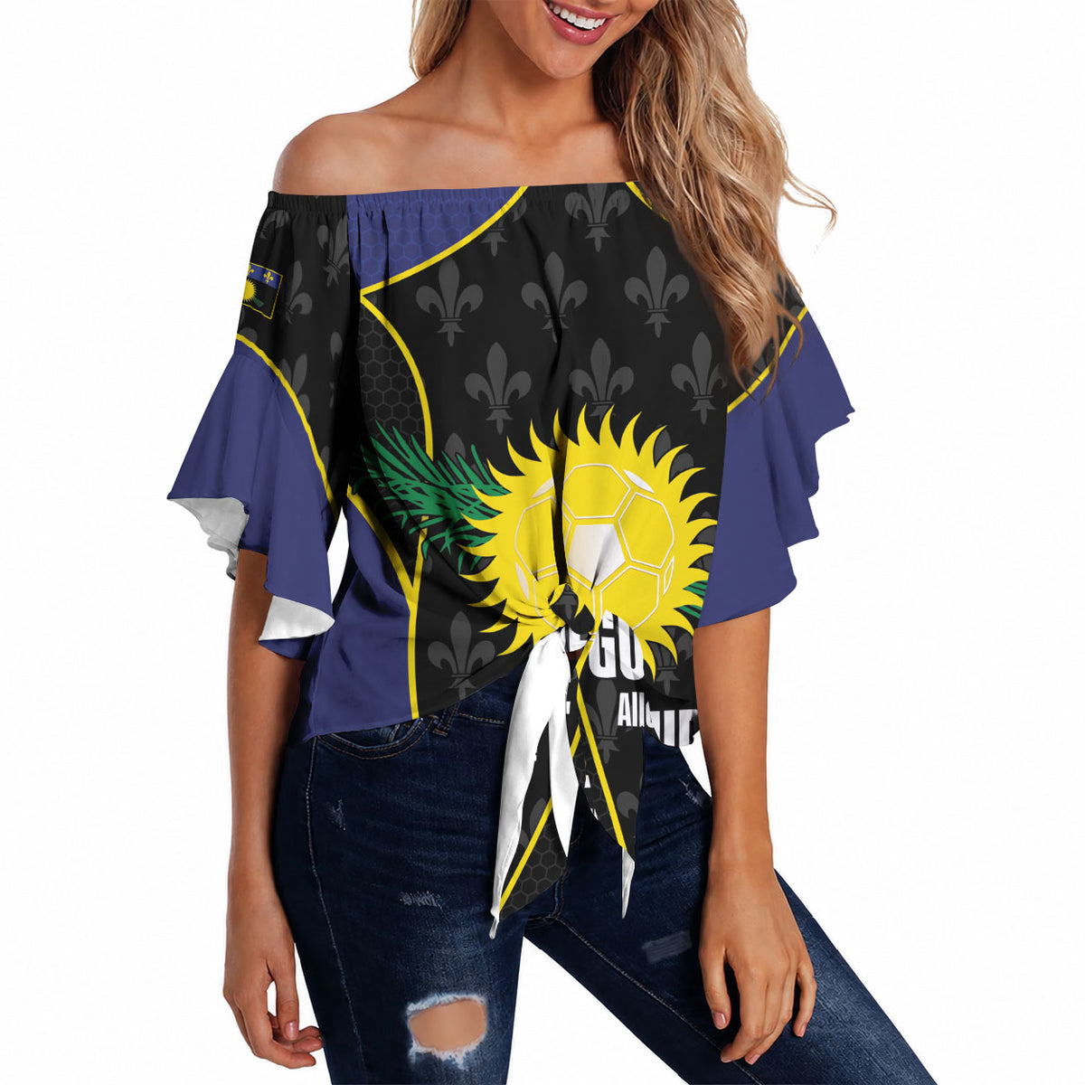 Guadeloupe Football Custom Off Shoulder Wrap Waist Top Allez Les Gwada Boys Flag Color