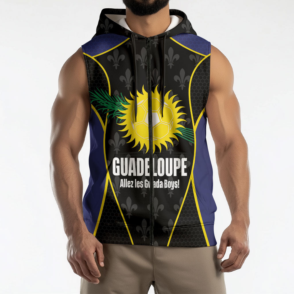Guadeloupe Football Custom Sleeveless Zip Hoodie Allez Les Gwada Boys Flag Color