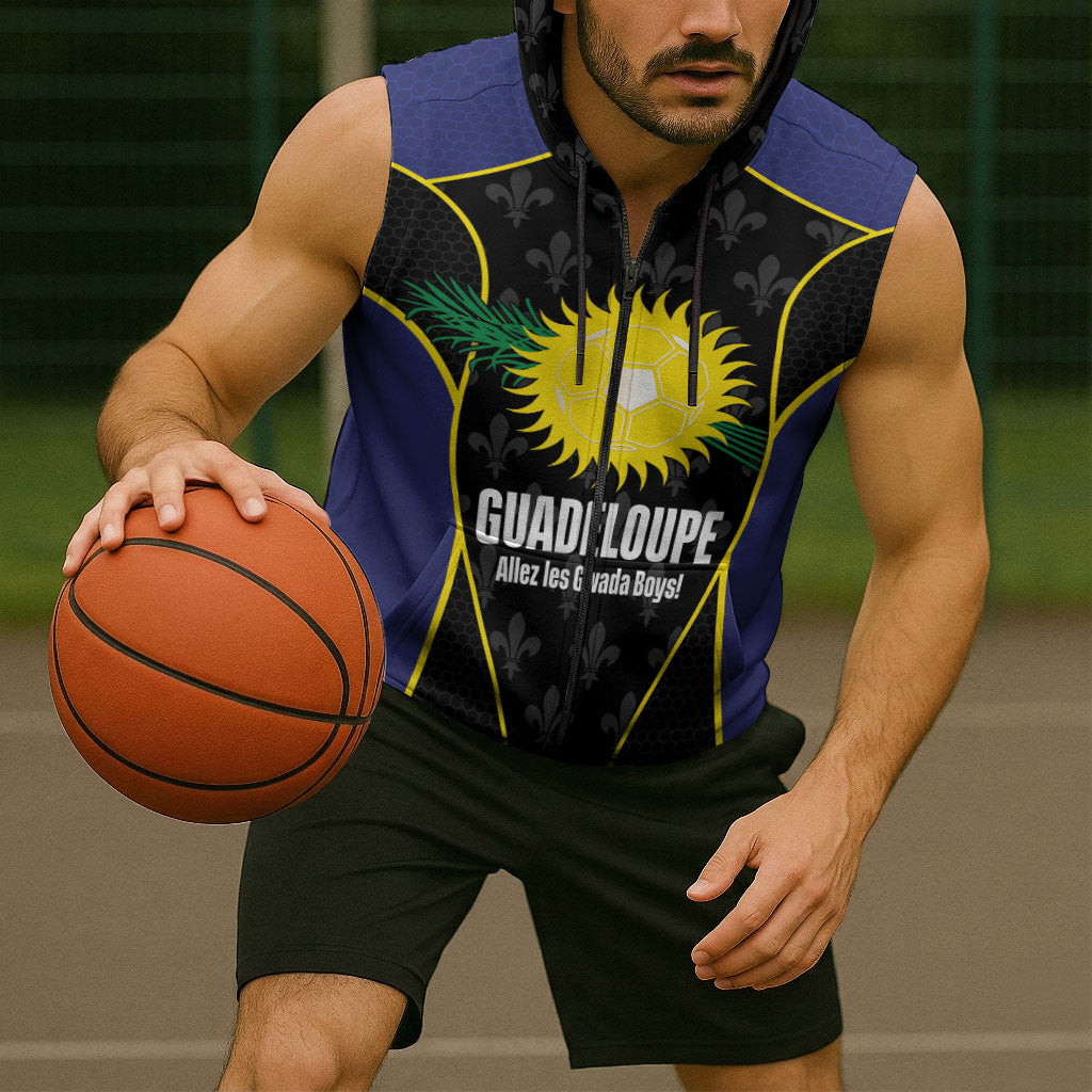 Guadeloupe Football Custom Sleeveless Zip Hoodie Allez Les Gwada Boys Flag Color