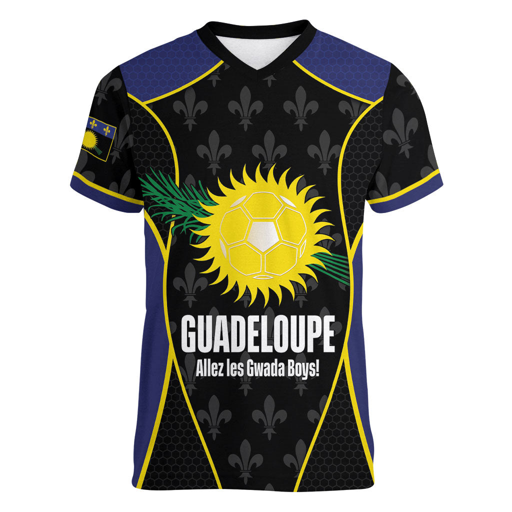 Guadeloupe Football Custom Women V-Neck T-Shirt Allez Les Gwada Boys Flag Color