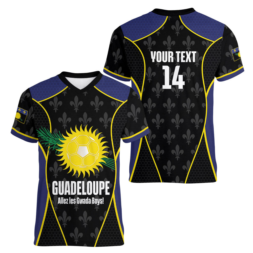 Guadeloupe Football Custom Women V-Neck T-Shirt Allez Les Gwada Boys Flag Color