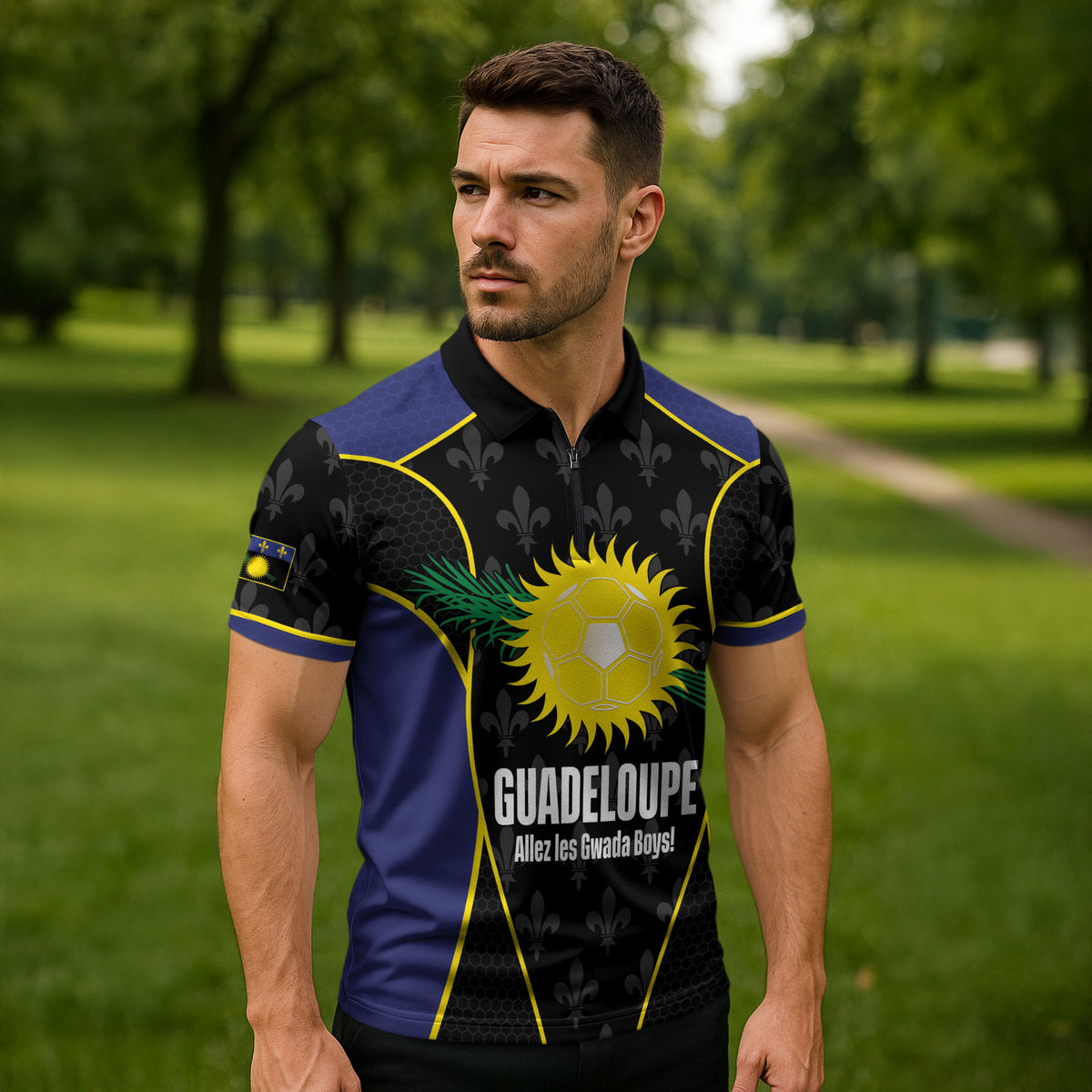Guadeloupe Football Custom Zipper Polo Shirt Allez Les Gwada Boys Flag Color