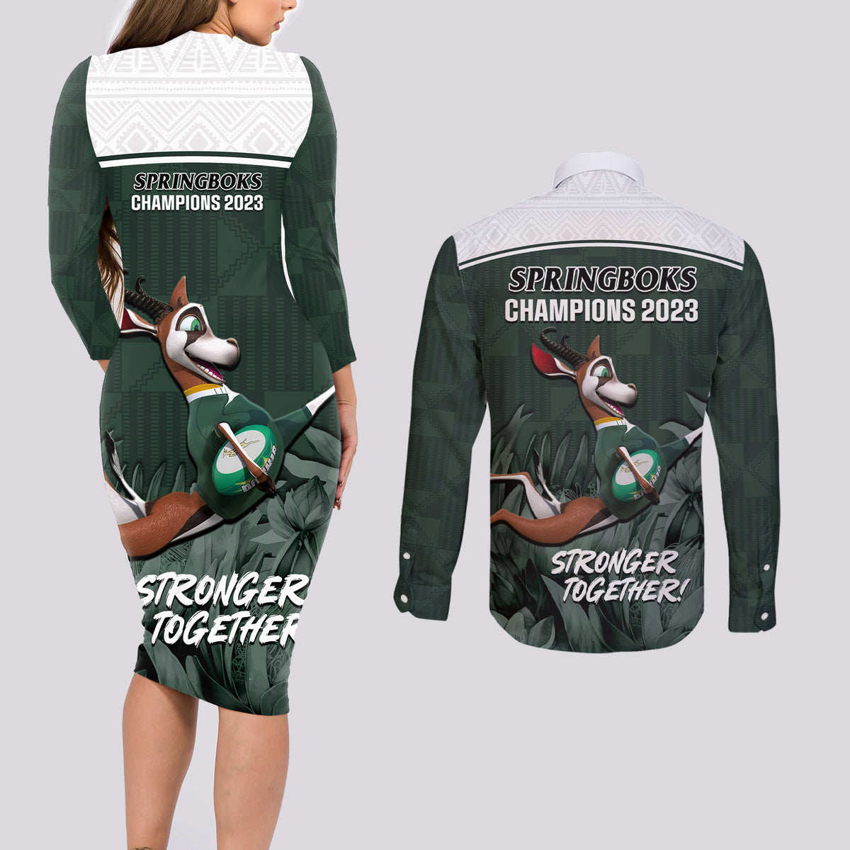 South Africa Rugby Couples Matching Long Sleeve Bodycon Dress and Long Sleeve Button Shirt Springboks 4th Champions World Cup Proud Bokke - Wonder Print Shop
