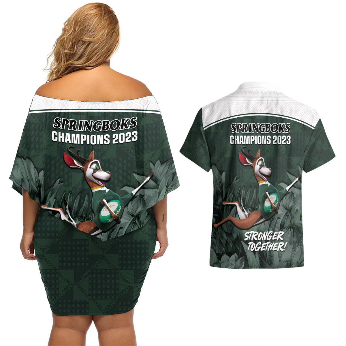 South Africa Rugby Couples Matching Off Shoulder Short Dress and Hawaiian Shirt Springboks 4th Champions World Cup Proud Bokke - Wonder Print Shop