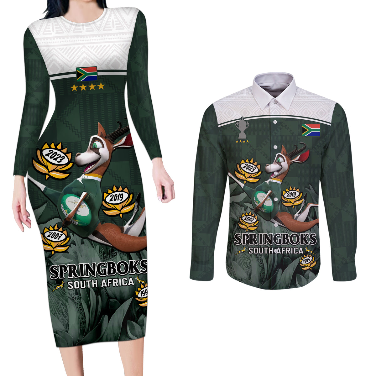 Custom South Africa Rugby Couples Matching Long Sleeve Bodycon Dress and Long Sleeve Button Shirt Springboks 4th Champions World Cup Proud Bokke - Wonder Print Shop