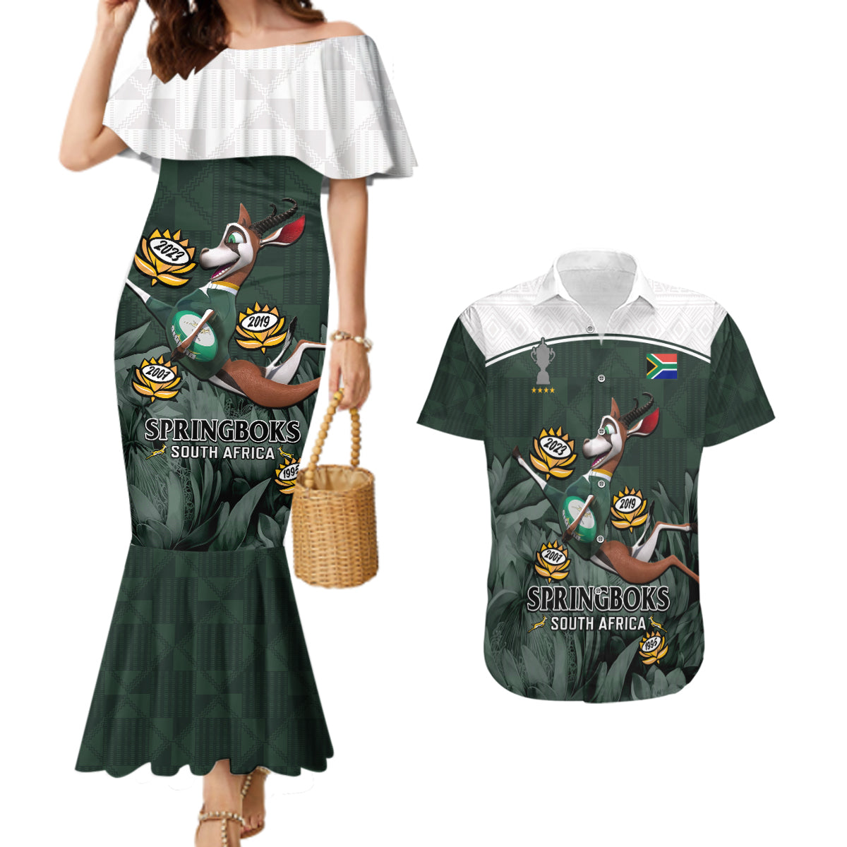 Custom South Africa Rugby Couples Matching Mermaid Dress and Hawaiian Shirt Springboks 4th Champions World Cup Proud Bokke - Wonder Print Shop