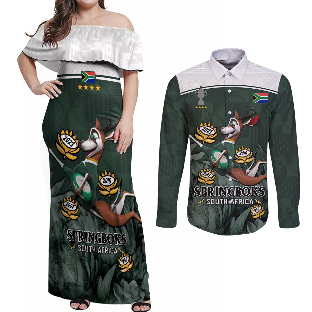 Custom South Africa Rugby Couples Matching Off Shoulder Maxi Dress and Long Sleeve Button Shirt Springboks 4th Champions World Cup Proud Bokke - Wonder Print Shop