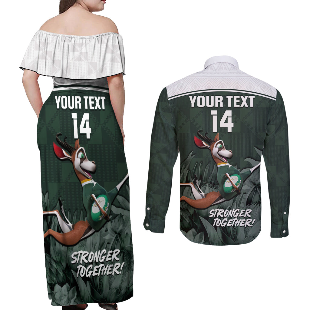 Custom South Africa Rugby Couples Matching Off Shoulder Maxi Dress and Long Sleeve Button Shirt Springboks 4th Champions World Cup Proud Bokke - Wonder Print Shop