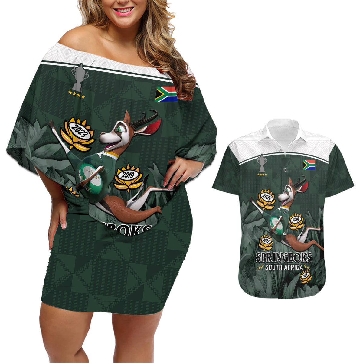 Custom South Africa Rugby Couples Matching Off Shoulder Short Dress and Hawaiian Shirt Springboks 4th Champions World Cup Proud Bokke - Wonder Print Shop