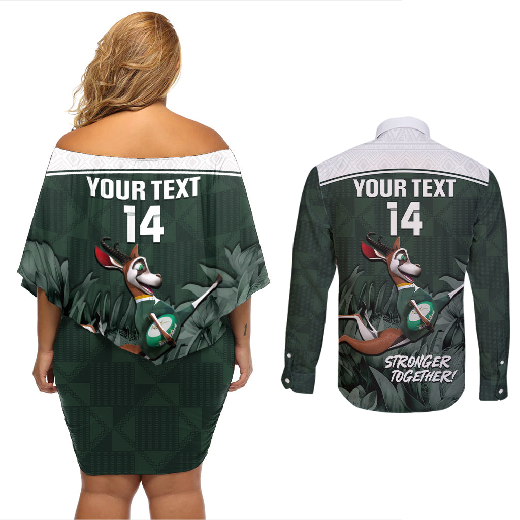 Custom South Africa Rugby Couples Matching Off Shoulder Short Dress and Long Sleeve Button Shirt Springboks 4th Champions World Cup Proud Bokke - Wonder Print Shop