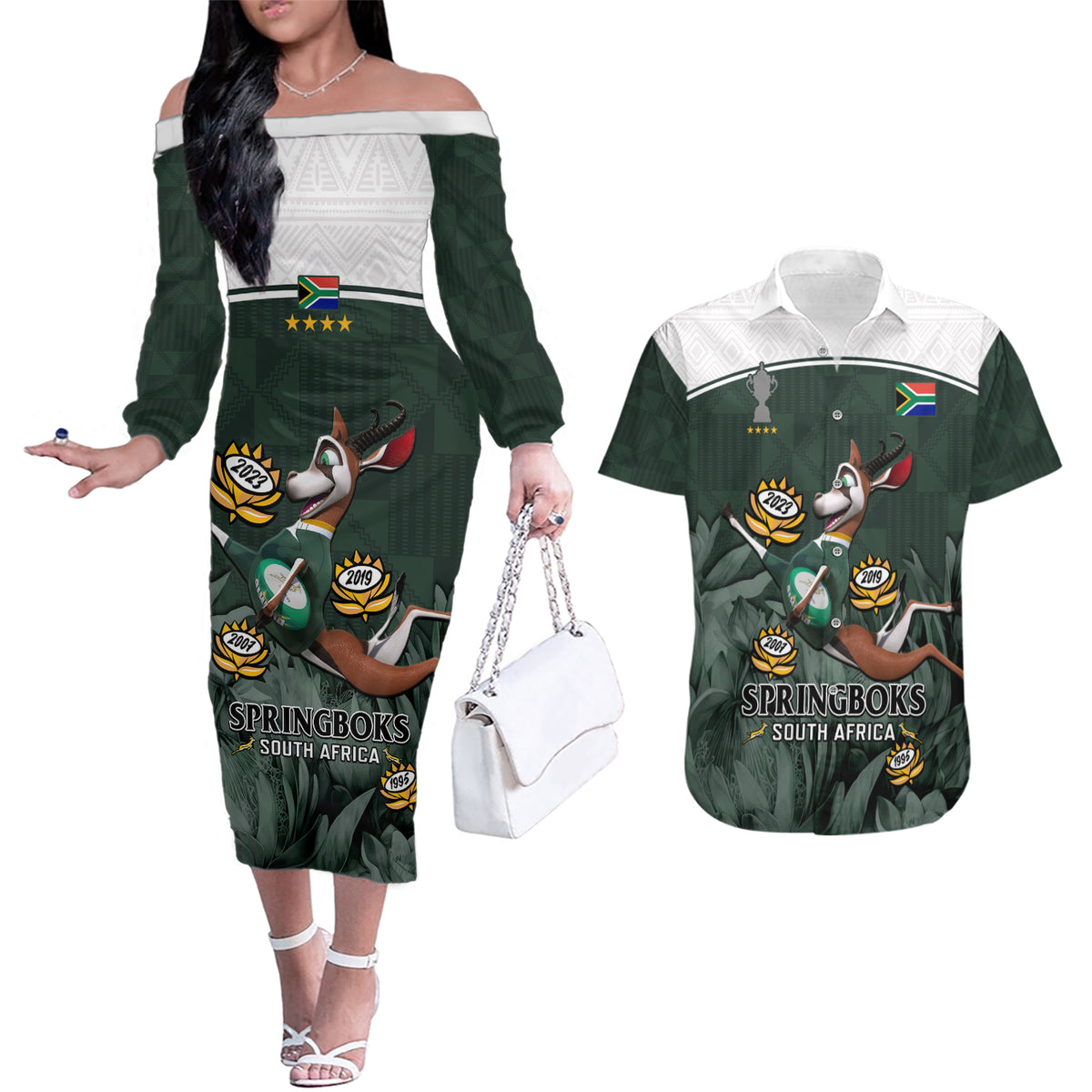 Custom South Africa Rugby Couples Matching Off The Shoulder Long Sleeve Dress and Hawaiian Shirt Springboks 4th Champions World Cup Proud Bokke - Wonder Print Shop