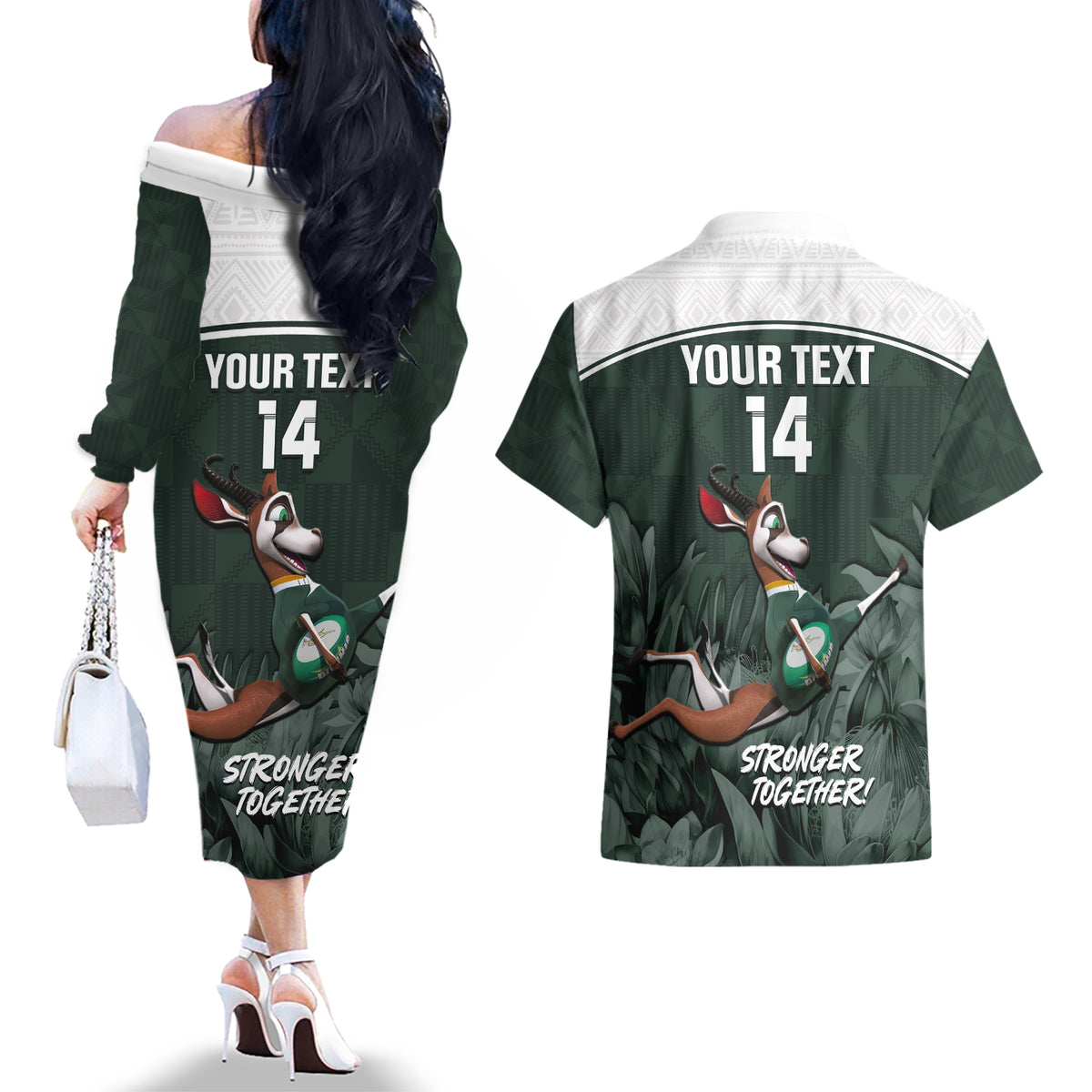 Custom South Africa Rugby Couples Matching Off The Shoulder Long Sleeve Dress and Hawaiian Shirt Springboks 4th Champions World Cup Proud Bokke - Wonder Print Shop