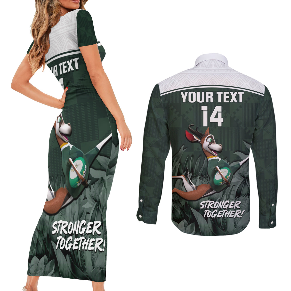 Custom South Africa Rugby Couples Matching Short Sleeve Bodycon Dress and Long Sleeve Button Shirt Springboks 4th Champions World Cup Proud Bokke - Wonder Print Shop