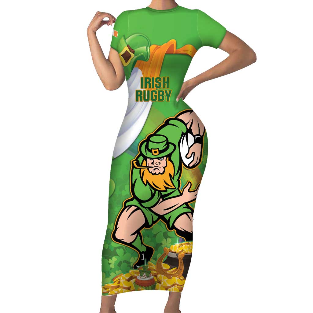 Personalised Ireland Rugby 2025 Family Matching Short Sleeve Bodycon Dress and Hawaiian Shirt Irish Leprechaun Saint Patrick's Day - Wonder Print Shop