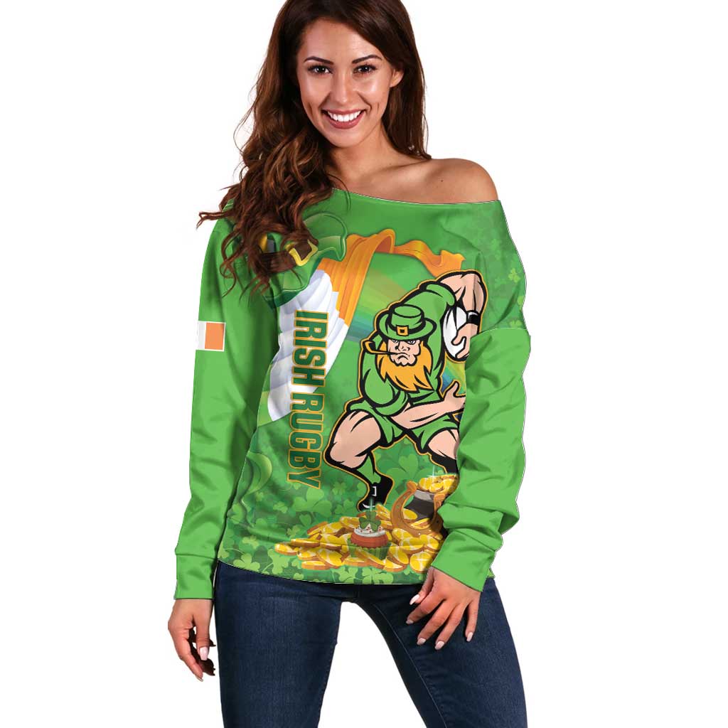 Personalised Ireland Rugby 2025 Off Shoulder Sweater Irish Leprechaun Saint Patrick's Day - Wonder Print Shop