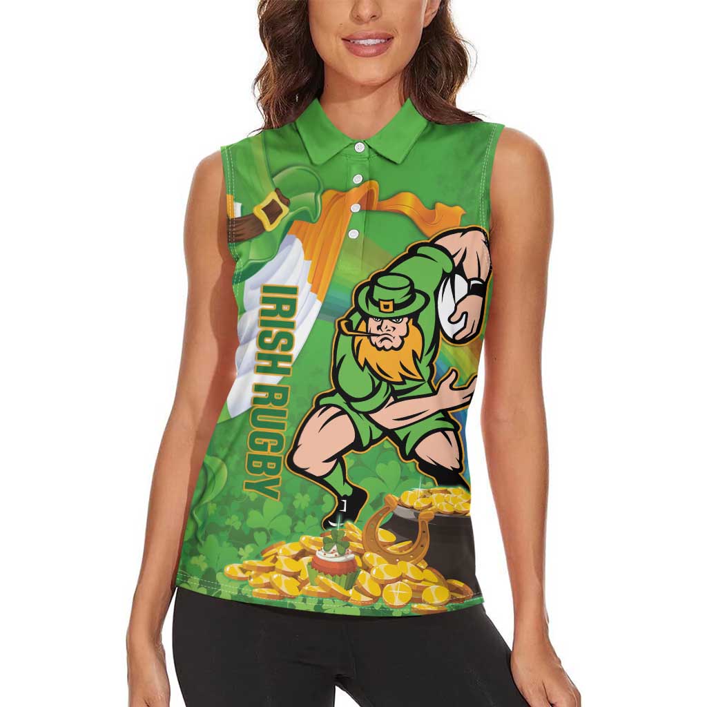 Personalised Ireland Rugby 2025 Women Sleeveless Polo Shirt Irish Leprechaun Saint Patrick's Day - Wonder Print Shop