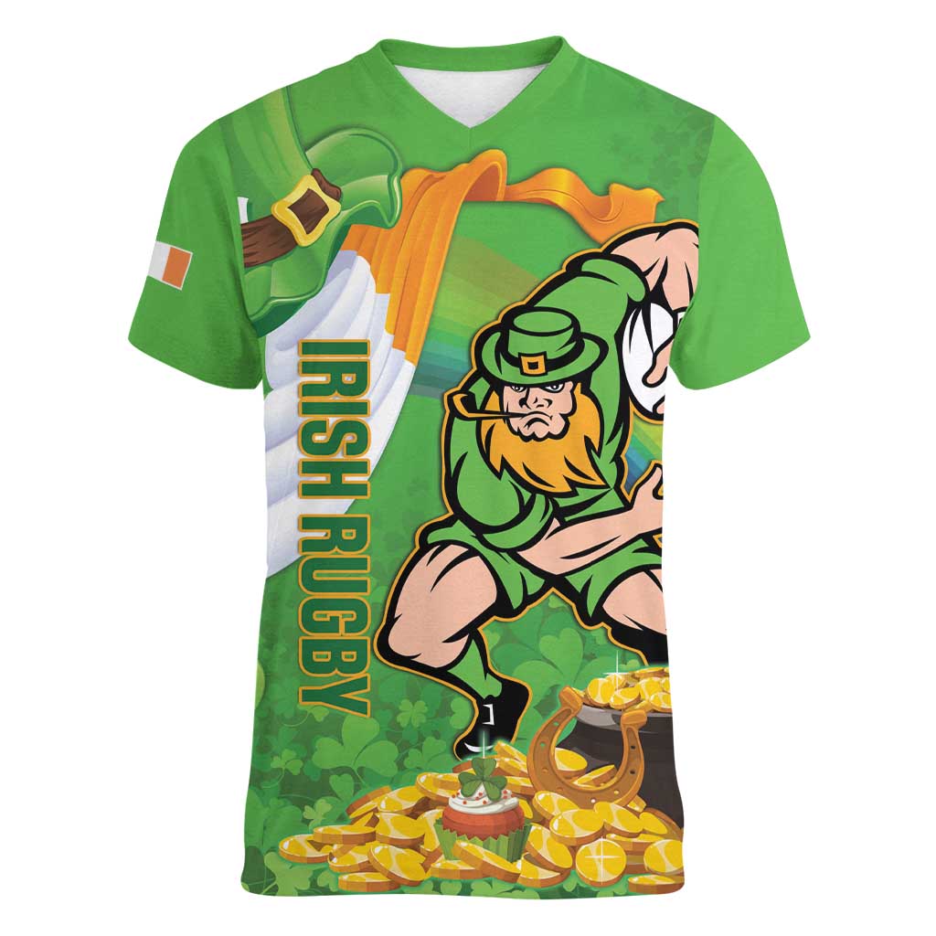 Personalised Ireland Rugby 2025 Women V-Neck T-Shirt Irish Leprechaun Saint Patrick's Day - Wonder Print Shop