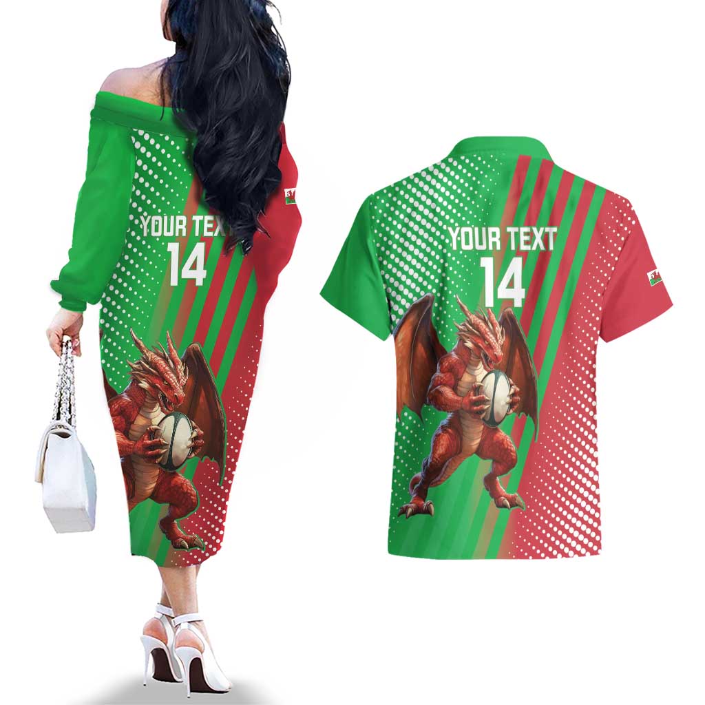 Custom Wales Rugby 2025 Couples Matching Off The Shoulder Long Sleeve Dress and Hawaiian Shirt Go Welsh Dragon Sporty Style