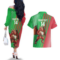 Custom Wales Rugby 2025 Couples Matching Off The Shoulder Long Sleeve Dress and Hawaiian Shirt Go Welsh Dragon Sporty Style