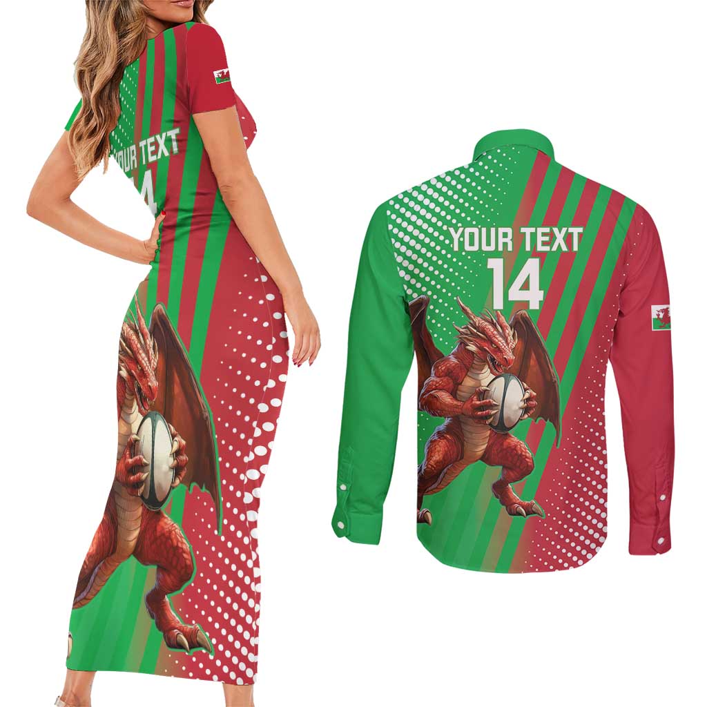 Custom Wales Rugby 2025 Couples Matching Short Sleeve Bodycon Dress and Long Sleeve Button Shirt Go Welsh Dragon Sporty Style