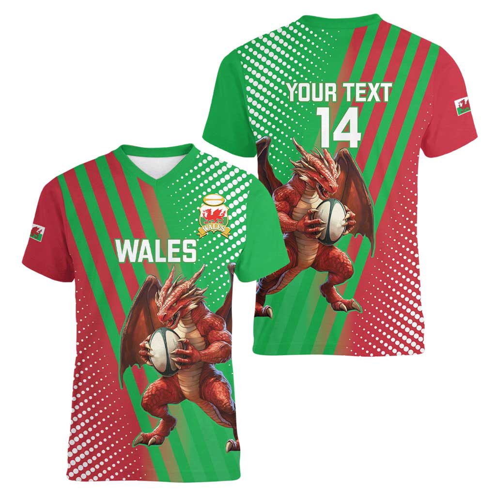 Custom Wales Rugby 2025 Women V-Neck T-Shirt Go Welsh Dragon Sporty Style - Wonder Print Shop
