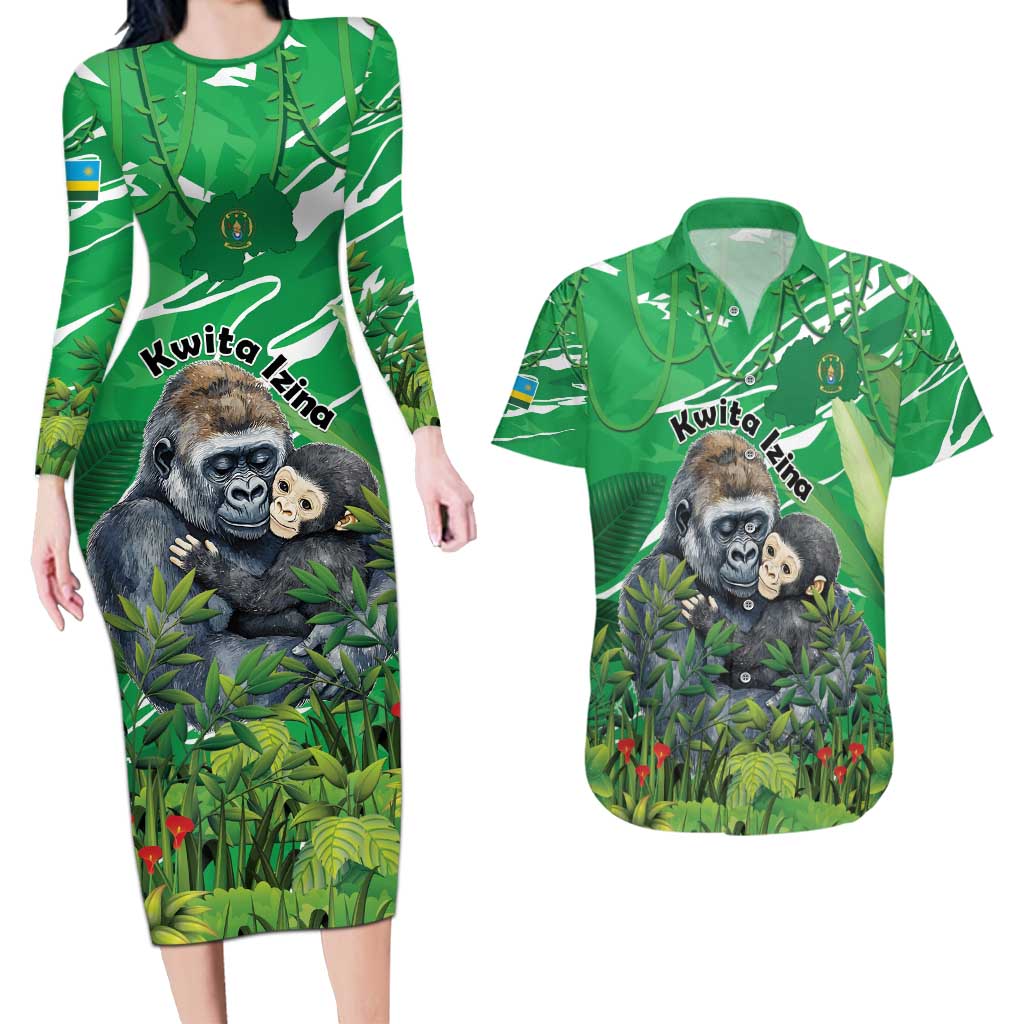 Personalized Rwanda Kwita Izina Couples Matching Long Sleeve Bodycon Dress and Hawaiian Shirt Name a Gorilla - Save a Species - Wonder Print Shop