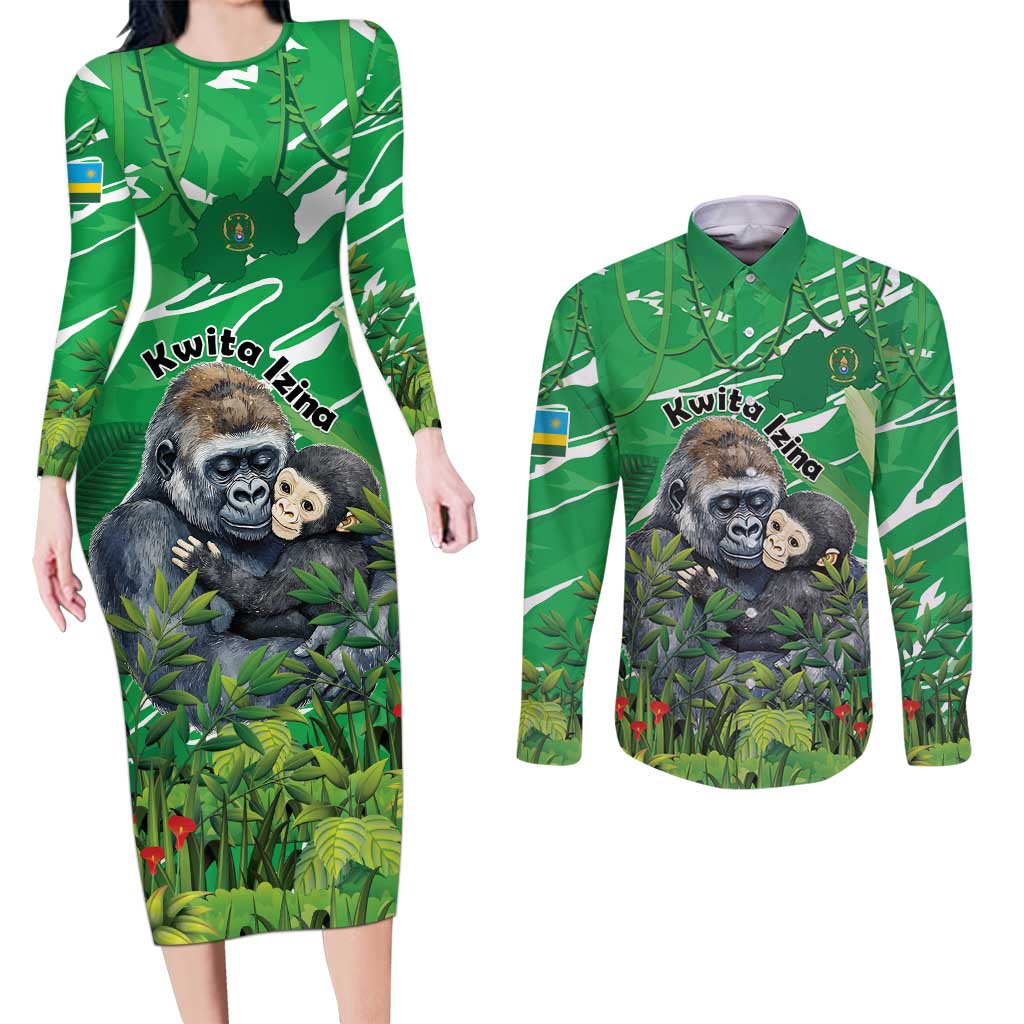 Personalized Rwanda Kwita Izina Couples Matching Long Sleeve Bodycon Dress and Long Sleeve Button Shirt Name a Gorilla - Save a Species - Wonder Print Shop