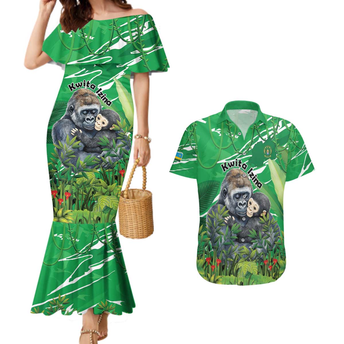 Personalized Rwanda Kwita Izina Couples Matching Mermaid Dress and Hawaiian Shirt Name a Gorilla - Save a Species - Wonder Print Shop