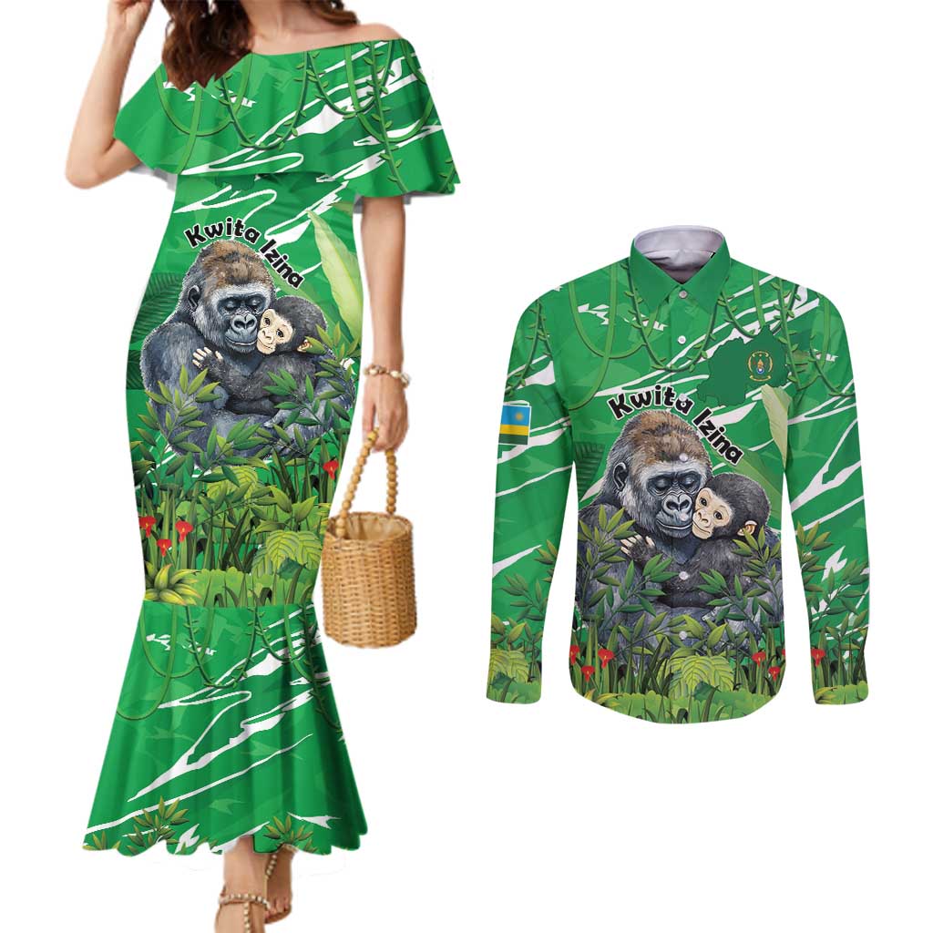 Personalized Rwanda Kwita Izina Couples Matching Mermaid Dress and Long Sleeve Button Shirt Name a Gorilla - Save a Species - Wonder Print Shop