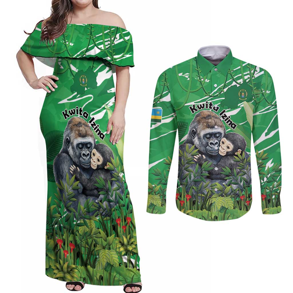 Personalized Rwanda Kwita Izina Couples Matching Off Shoulder Maxi Dress and Long Sleeve Button Shirt Name a Gorilla - Save a Species - Wonder Print Shop