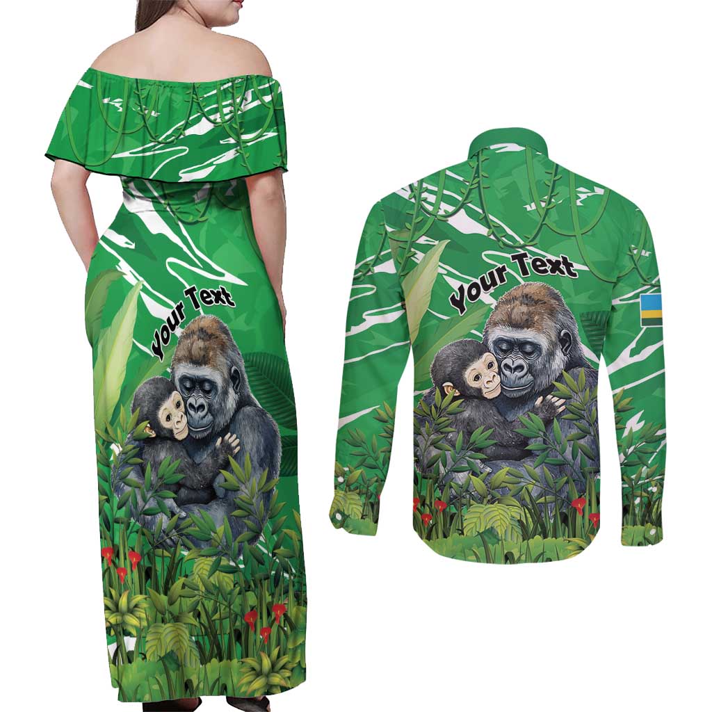 Personalized Rwanda Kwita Izina Couples Matching Off Shoulder Maxi Dress and Long Sleeve Button Shirt Name a Gorilla - Save a Species - Wonder Print Shop