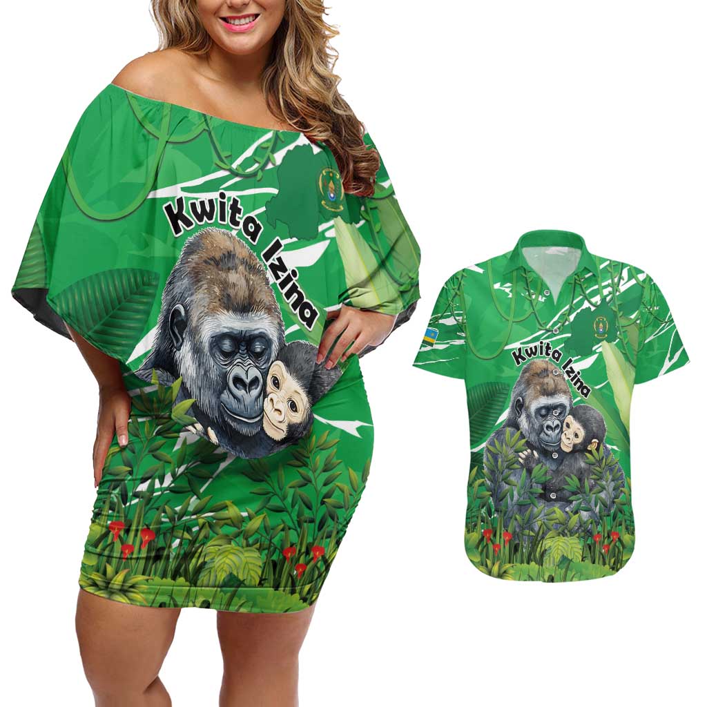 Personalized Rwanda Kwita Izina Couples Matching Off Shoulder Short Dress and Hawaiian Shirt Name a Gorilla - Save a Species - Wonder Print Shop
