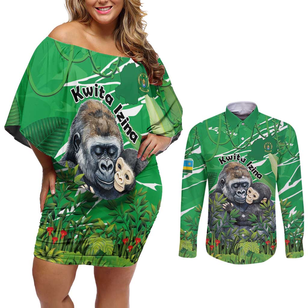 Personalized Rwanda Kwita Izina Couples Matching Off Shoulder Short Dress and Long Sleeve Button Shirt Name a Gorilla - Save a Species - Wonder Print Shop