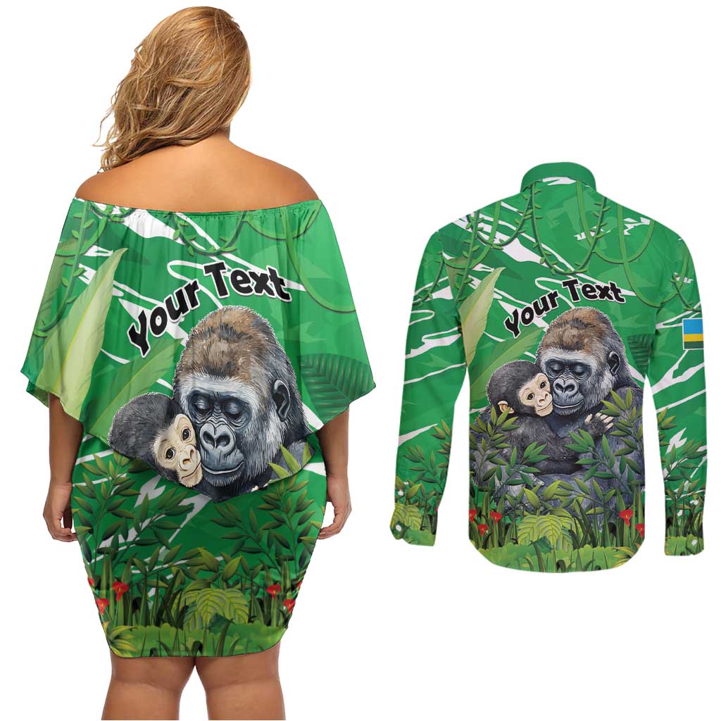 Personalized Rwanda Kwita Izina Couples Matching Off Shoulder Short Dress and Long Sleeve Button Shirt Name a Gorilla - Save a Species - Wonder Print Shop