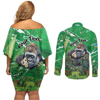 Personalized Rwanda Kwita Izina Couples Matching Off Shoulder Short Dress and Long Sleeve Button Shirt Name a Gorilla - Save a Species - Wonder Print Shop