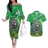 Personalized Rwanda Kwita Izina Couples Matching Off The Shoulder Long Sleeve Dress and Hawaiian Shirt Name a Gorilla - Save a Species - Wonder Print Shop
