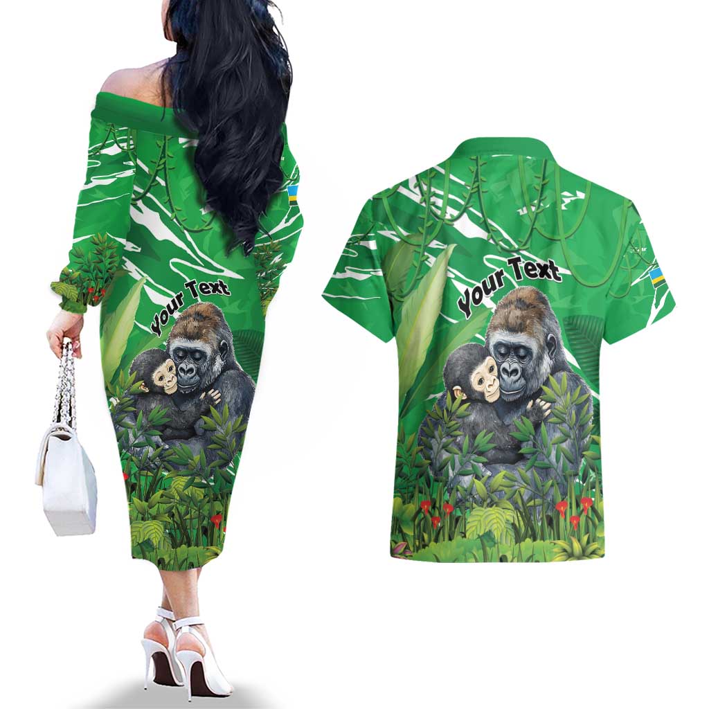 Personalized Rwanda Kwita Izina Couples Matching Off The Shoulder Long Sleeve Dress and Hawaiian Shirt Name a Gorilla - Save a Species - Wonder Print Shop