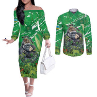 Personalized Rwanda Kwita Izina Couples Matching Off The Shoulder Long Sleeve Dress and Long Sleeve Button Shirt Name a Gorilla - Save a Species - Wonder Print Shop