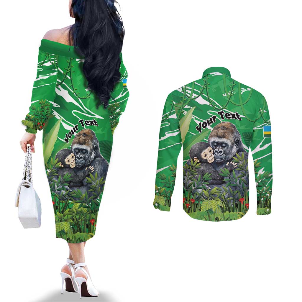 Personalized Rwanda Kwita Izina Couples Matching Off The Shoulder Long Sleeve Dress and Long Sleeve Button Shirt Name a Gorilla - Save a Species - Wonder Print Shop