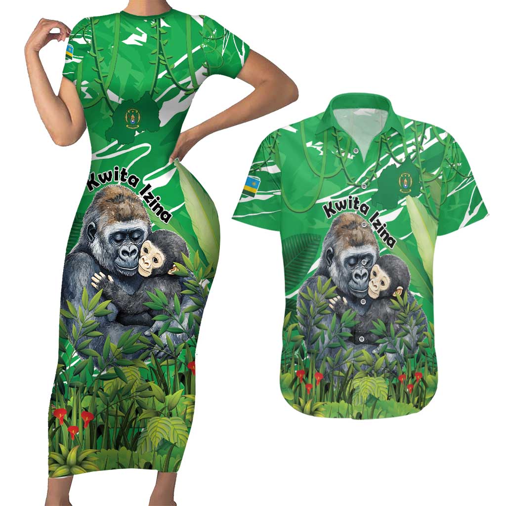 Personalized Rwanda Kwita Izina Couples Matching Short Sleeve Bodycon Dress and Hawaiian Shirt Name a Gorilla - Save a Species - Wonder Print Shop