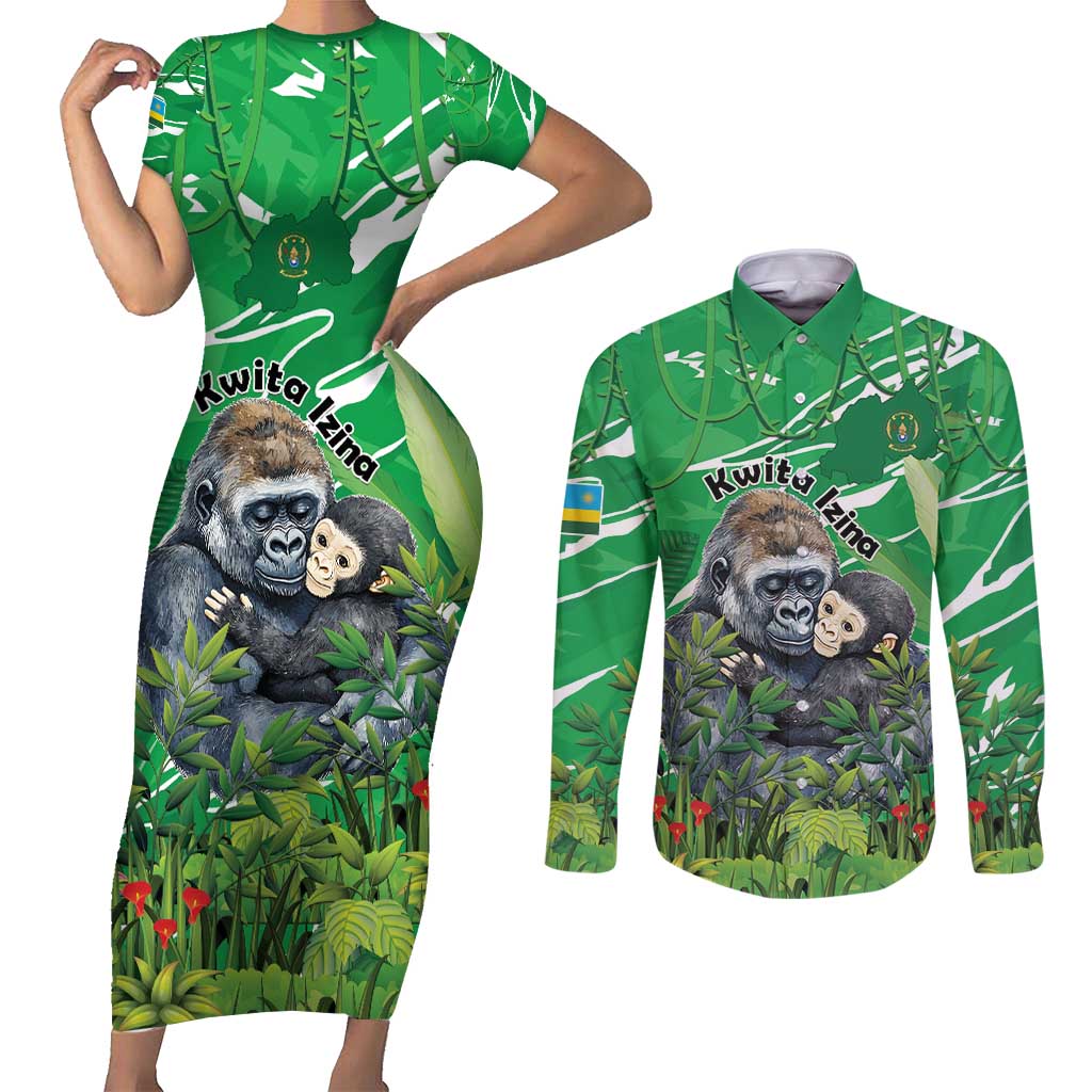 Personalized Rwanda Kwita Izina Couples Matching Short Sleeve Bodycon Dress and Long Sleeve Button Shirt Name a Gorilla - Save a Species - Wonder Print Shop