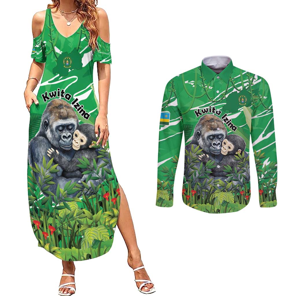 Personalized Rwanda Kwita Izina Couples Matching Summer Maxi Dress and Long Sleeve Button Shirt Name a Gorilla - Save a Species - Wonder Print Shop