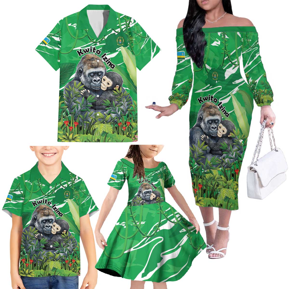 Personalized Rwanda Kwita Izina Family Matching Off The Shoulder Long Sleeve Dress and Hawaiian Shirt Name a Gorilla - Save a Species - Wonder Print Shop