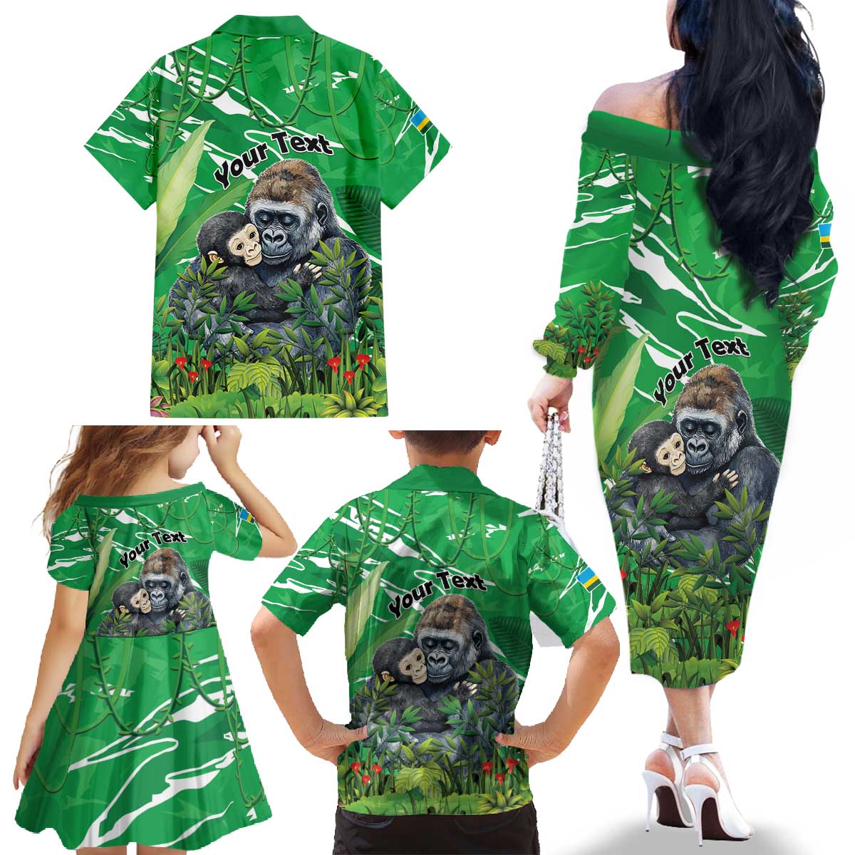 Personalized Rwanda Kwita Izina Family Matching Off The Shoulder Long Sleeve Dress and Hawaiian Shirt Name a Gorilla - Save a Species - Wonder Print Shop
