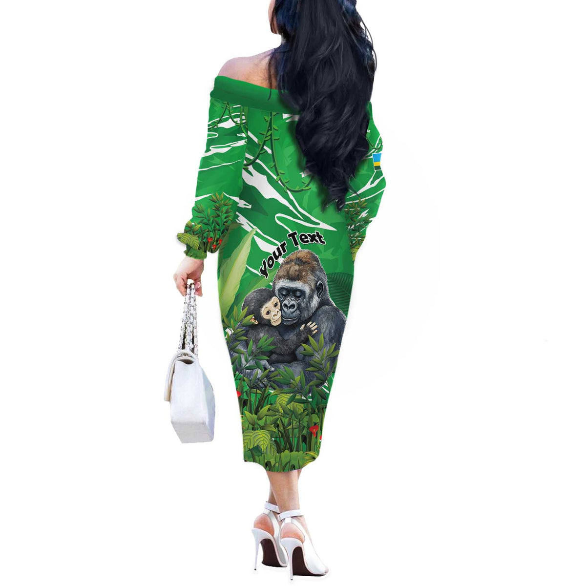Personalized Rwanda Kwita Izina Off The Shoulder Long Sleeve Dress Name a Gorilla - Save a Species - Wonder Print Shop
