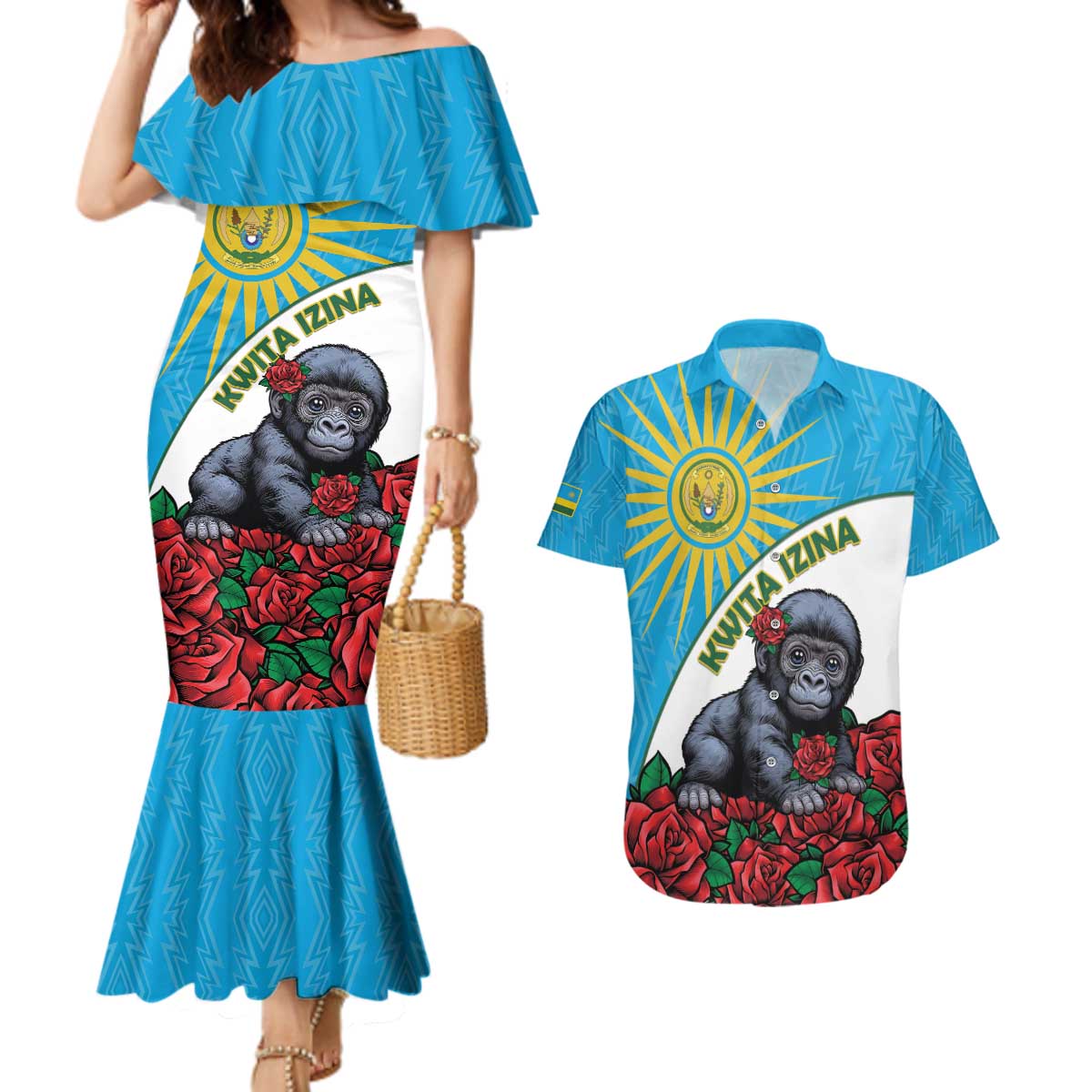 Personalized Rwanda Baby Gorilla Couples Matching Mermaid Dress and Hawaiian Shirt Kwita Izina 2025 - Wonder Print Shop